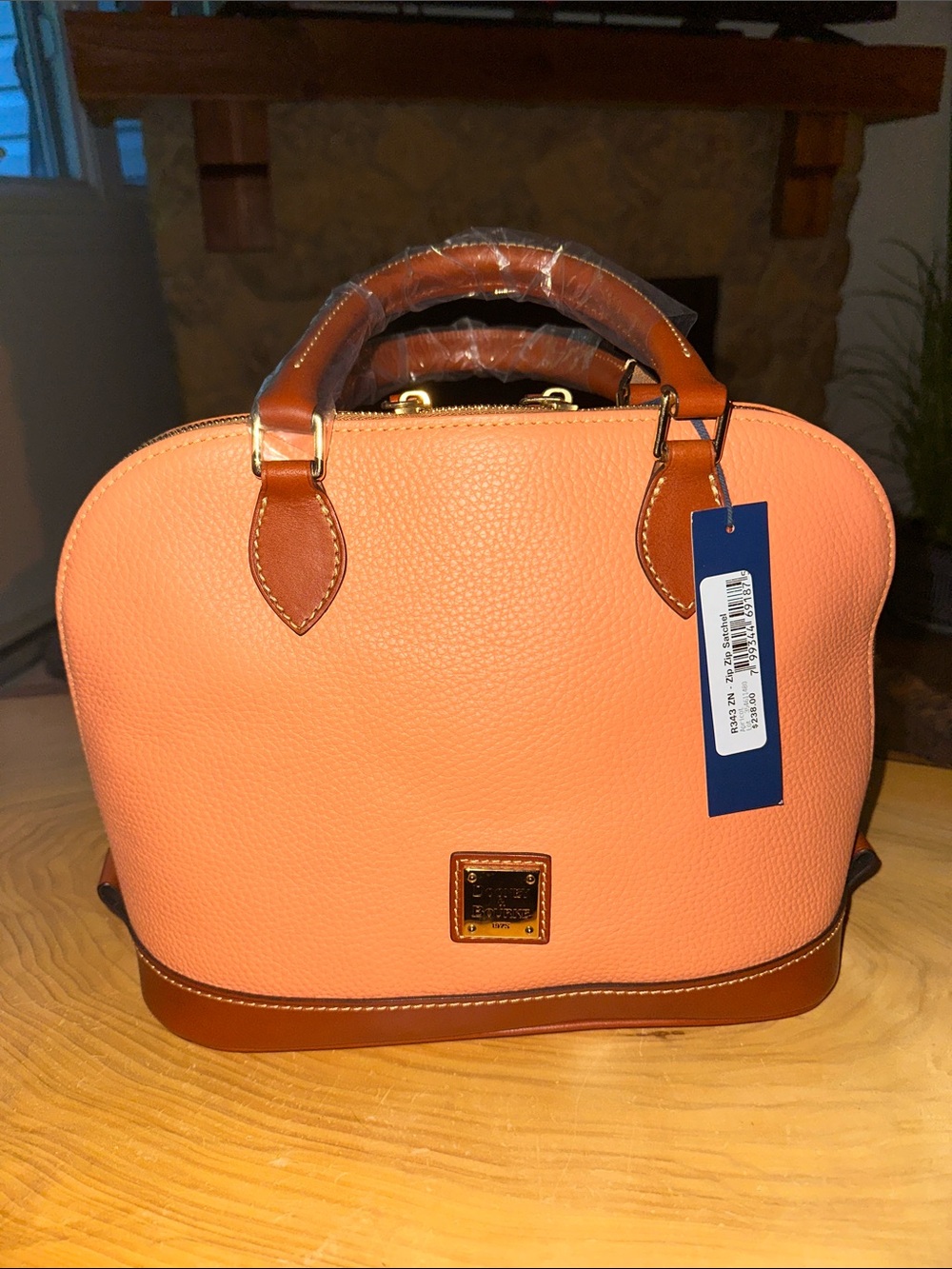 Dooney & Bourke Peach Pebble Leather Satchel with Brown Trim